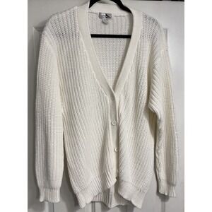 Vintage 1980s Sweater‎ Men's Large Cardigan White Chunky Knit Mr Rogers Grandpa
